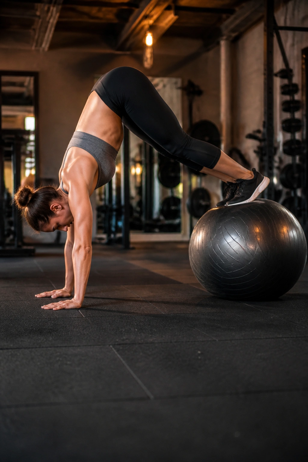 Person on stability ball performing pike, hips raised and core engaged