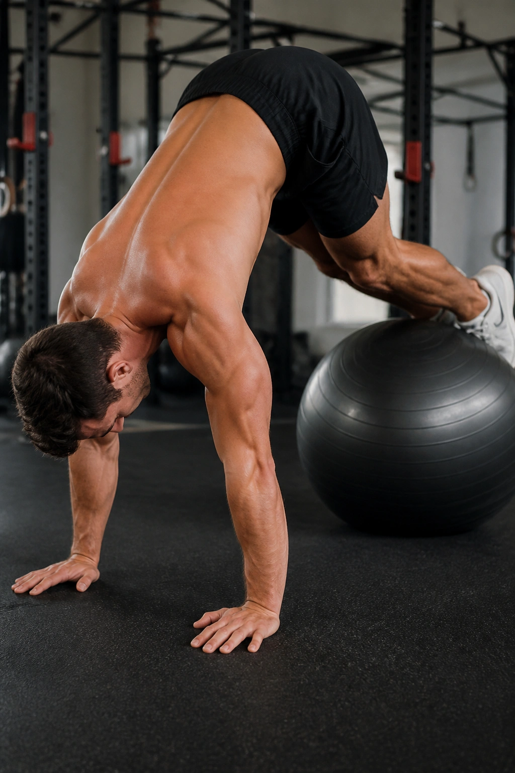 Person on stability ball performing pikes showing core engagement