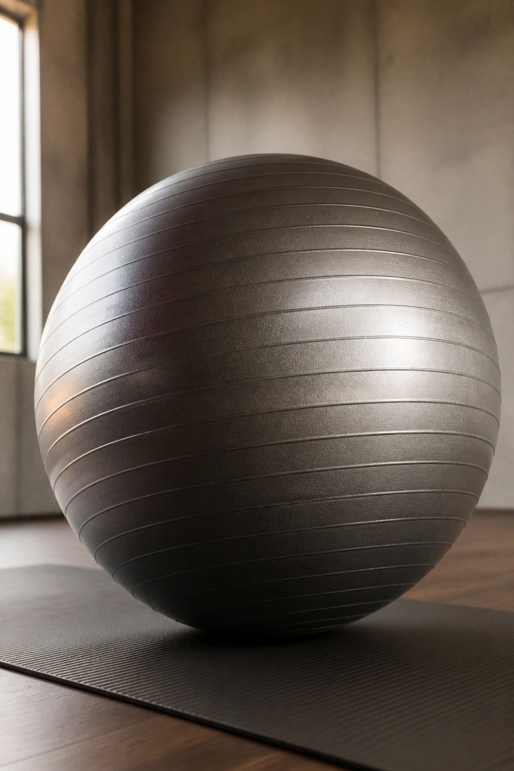 Close shot of stability ball on gym floor, texture and shadow emphasized