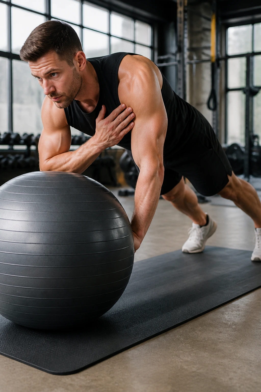 High plank on stability ball performing shoulder taps with controlled hip level