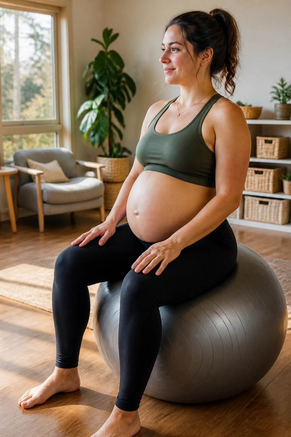 Close-up of stability ball with pregnant person seated for a stability-ball workout in a home gym