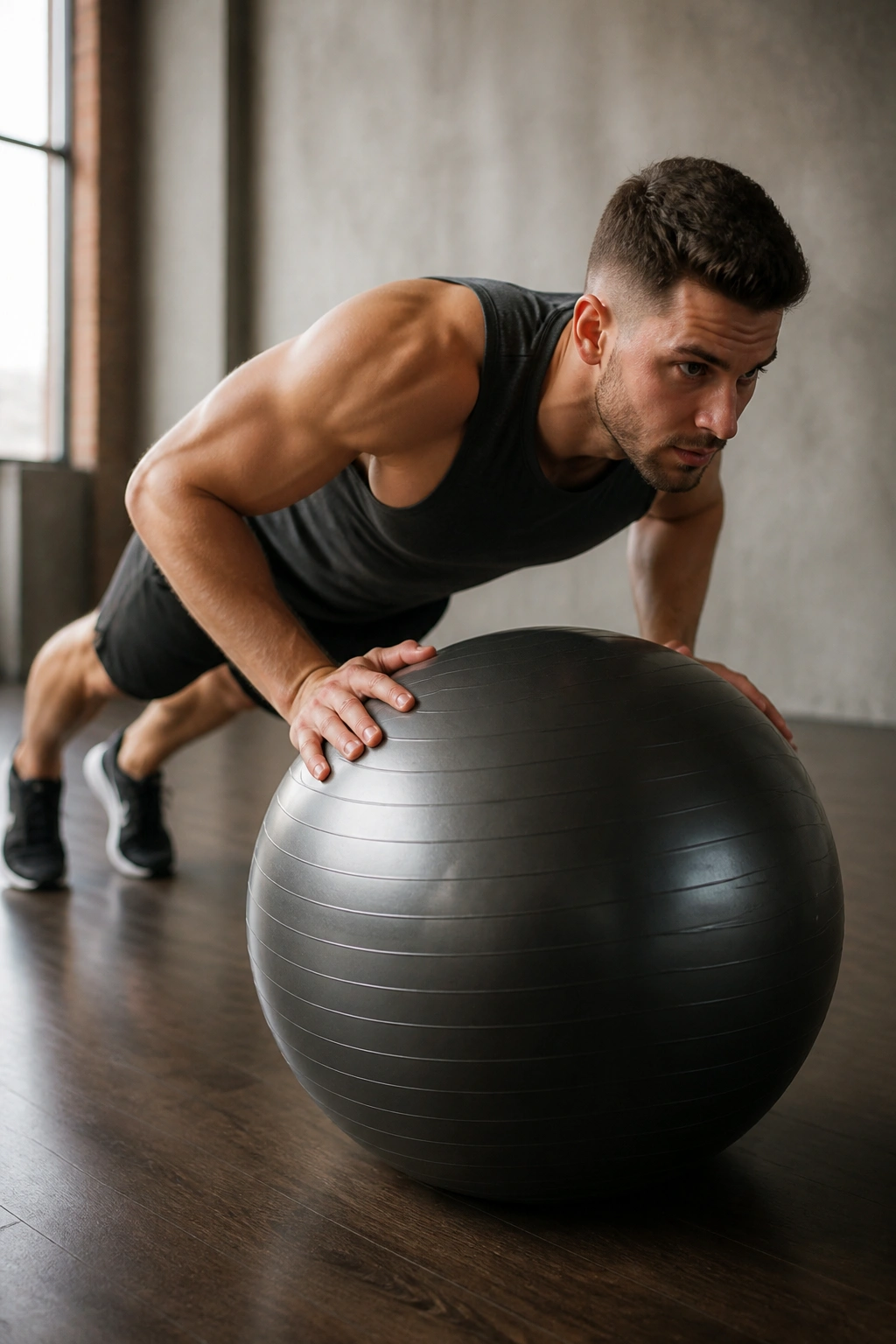 Person performing stability ball push-up with hands on ball in gym