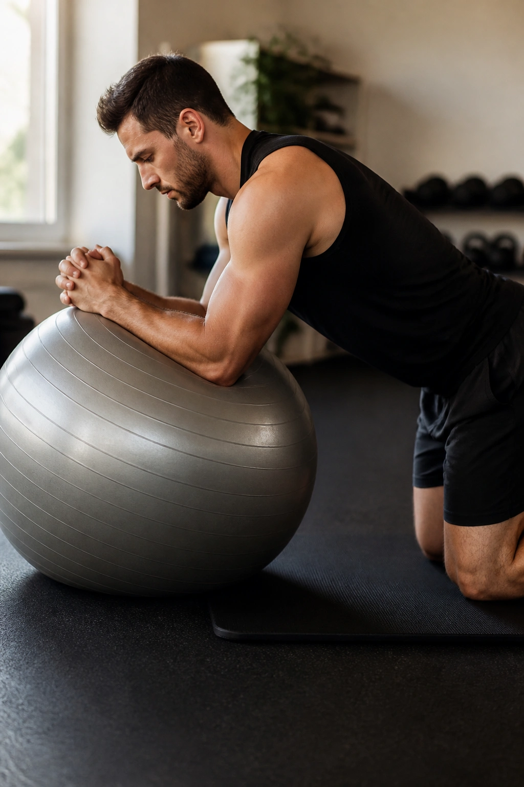 Close-up of a person performing stability ball rollout with forearms on a ball in a gym
