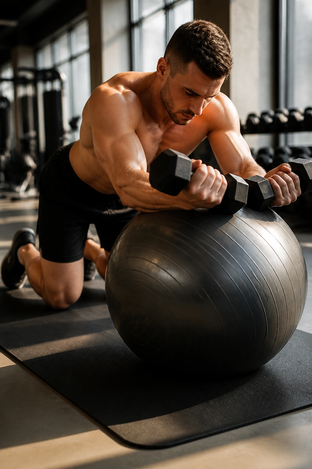 Close-up of a person performing stability ball rollout with dumbbells and engaged core