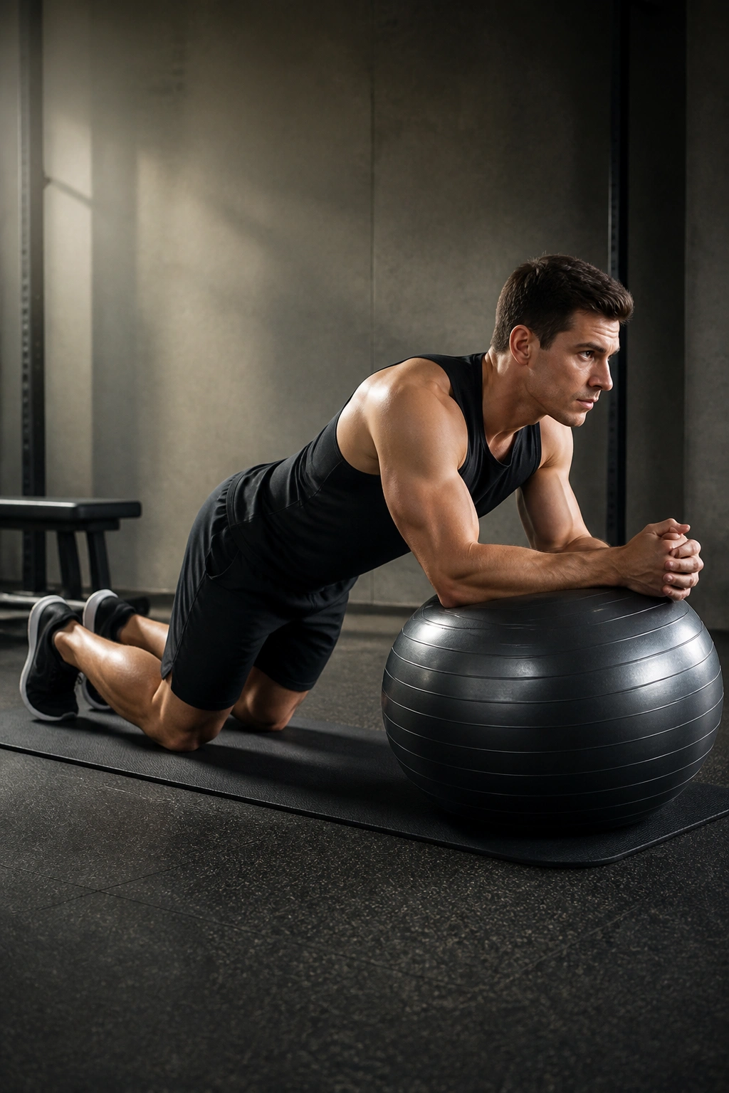 Person performing stability ball rollout with forearms on a ball