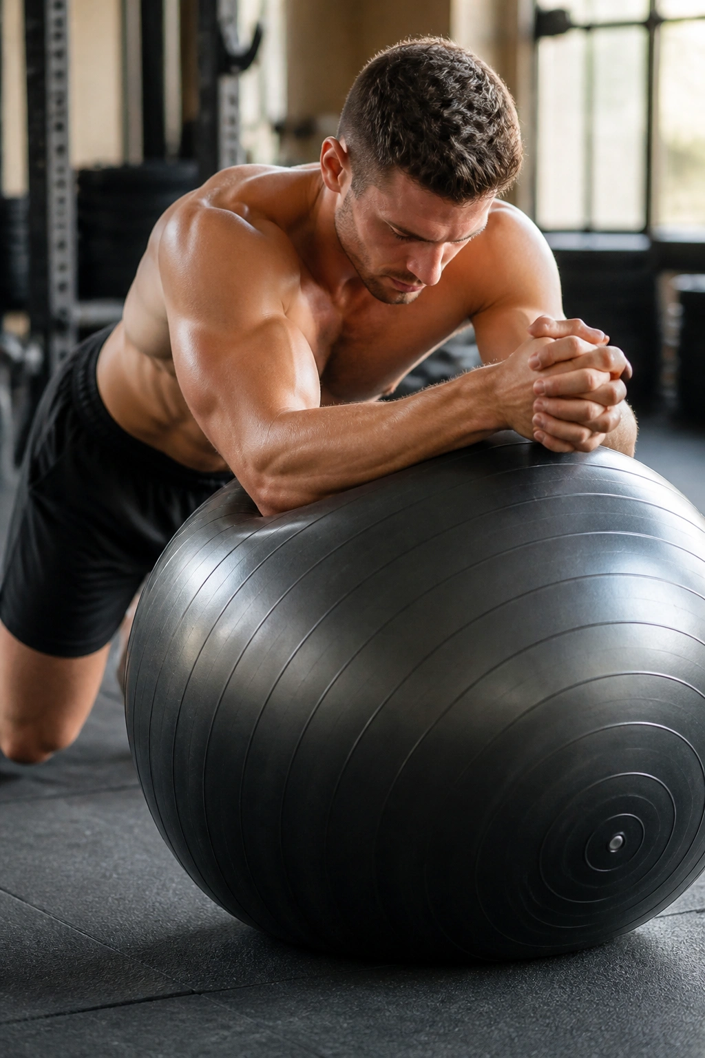 Close-up of a person performing stability ball rollout, core braced as they roll the ball.