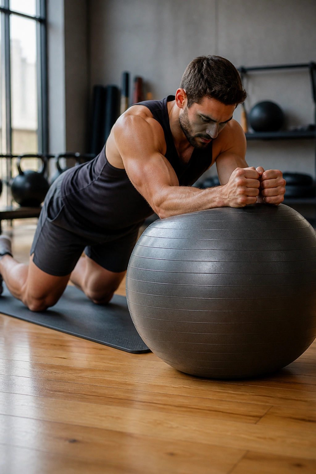 Person performing stability ball rollout with forearms on ball, core engaged