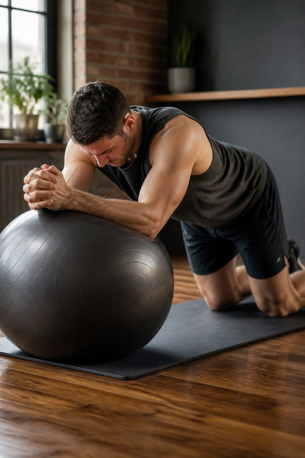 Close-up of a person performing stability ball rollouts with forearms on a ball and engaged core