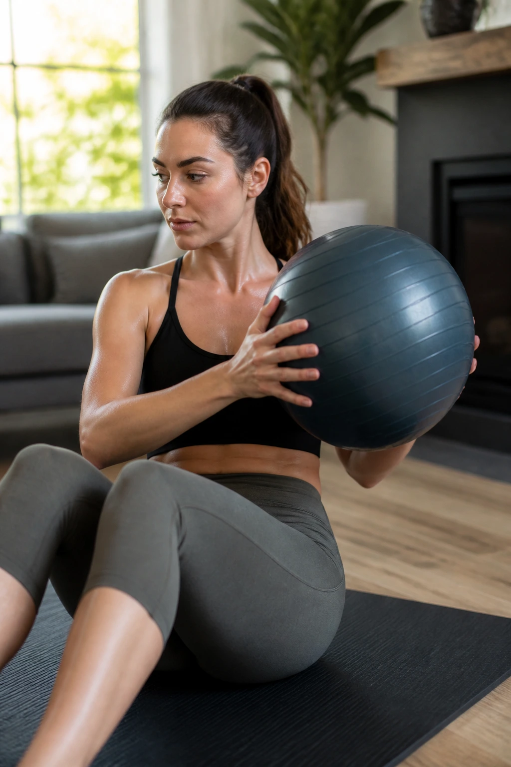 Person performing stability ball Russian twist with ball at chest level
