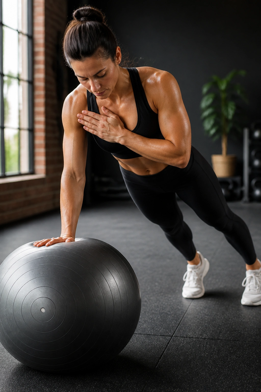 Front view of a person in a shoulder tap plank with hands on a stability ball