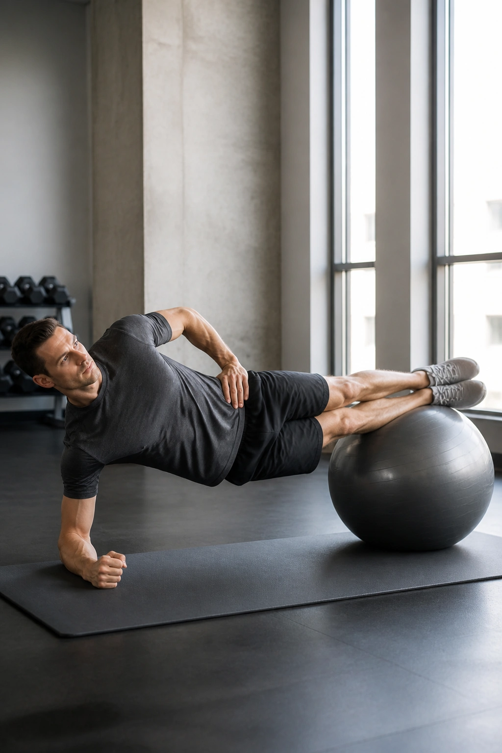 Side plank with feet on stability ball showing lifted hip and engaged obliques