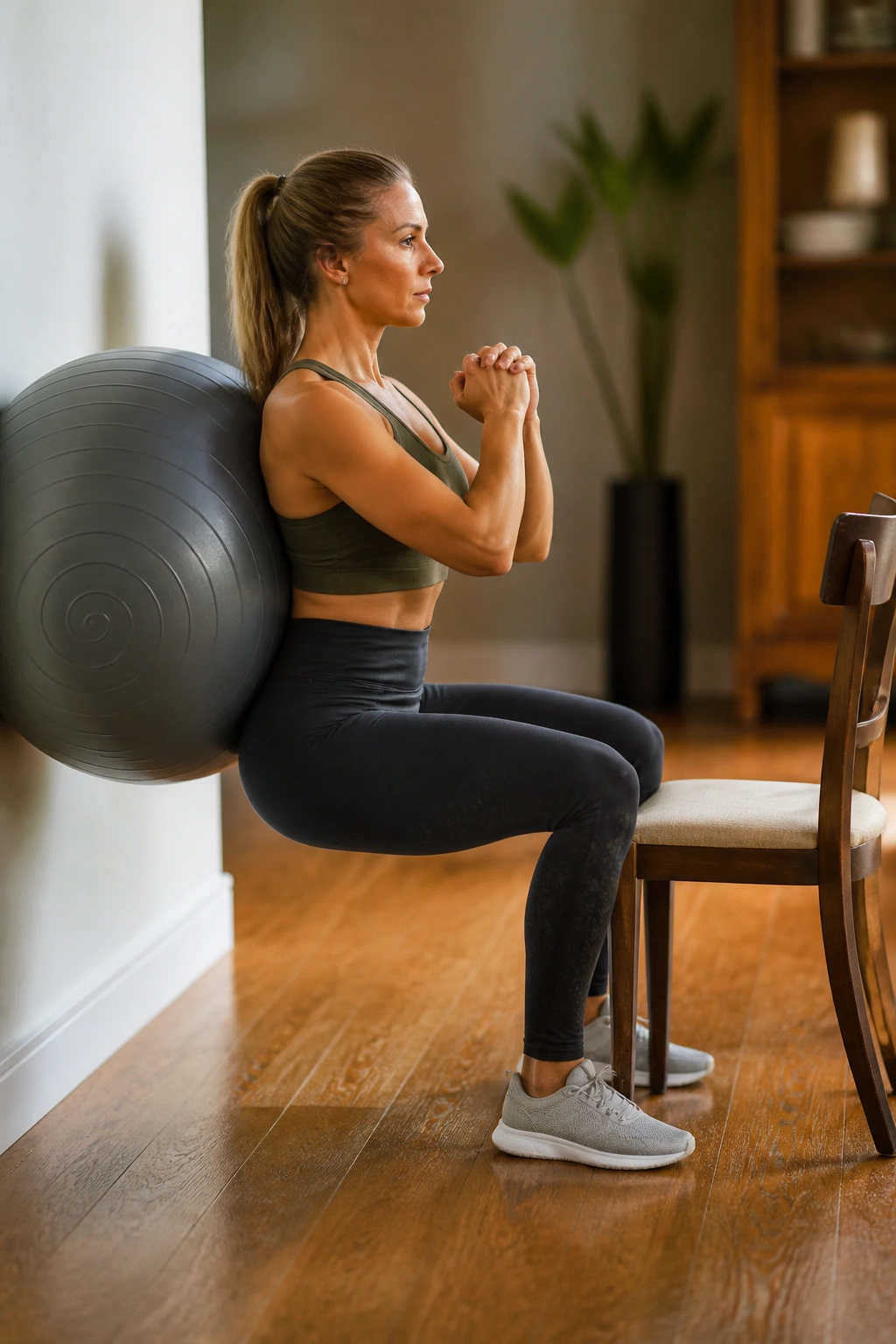 Real person using stability ball against wall to support chair squat modification.