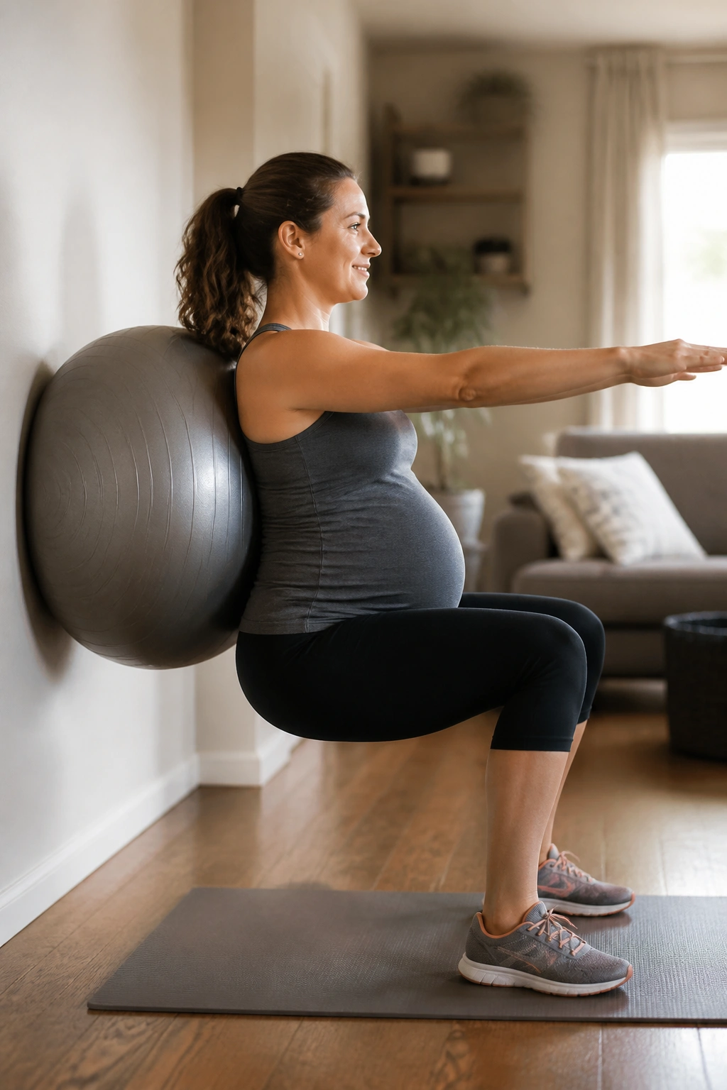 Pregnant woman doing stability ball squats with ball against wall