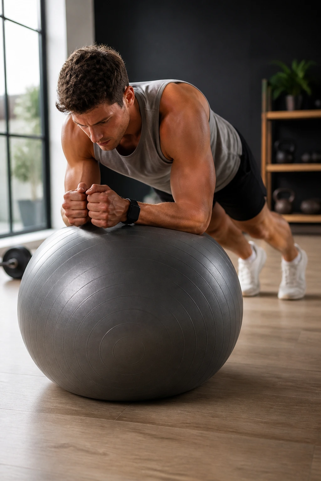 3/4 view of a person on a stability ball performing stir-the-pot circles with forearms