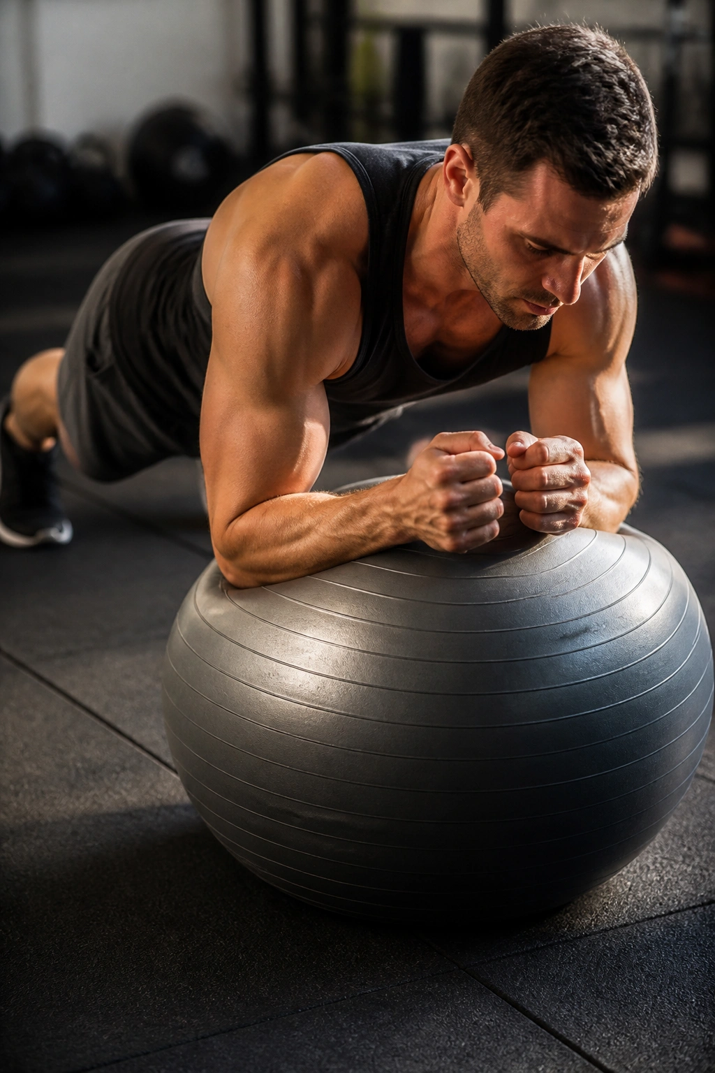 Close-up of a person performing stability ball stir-the-pot in a gym setting