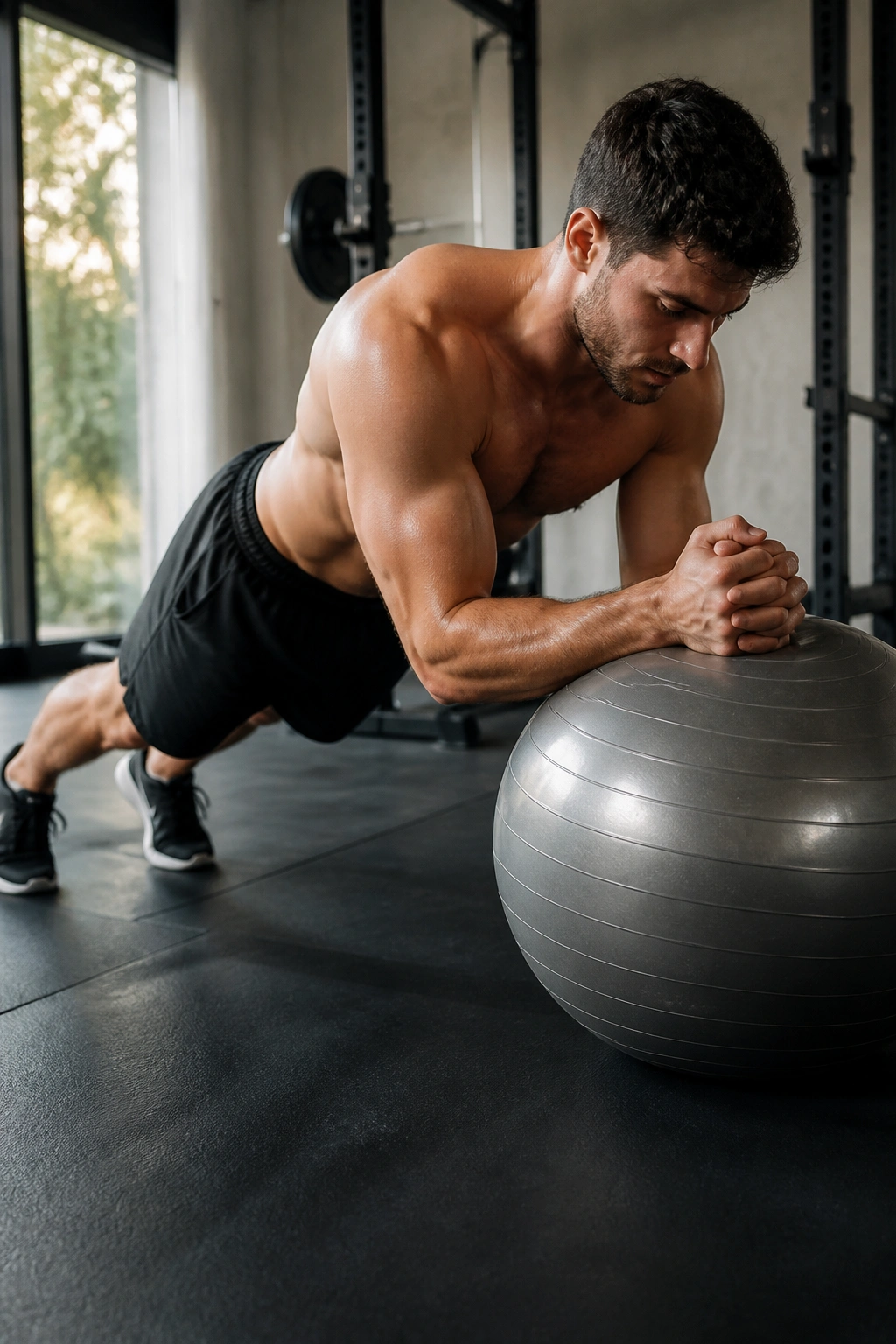 Forearm plank on stability ball performing small circles to brace core