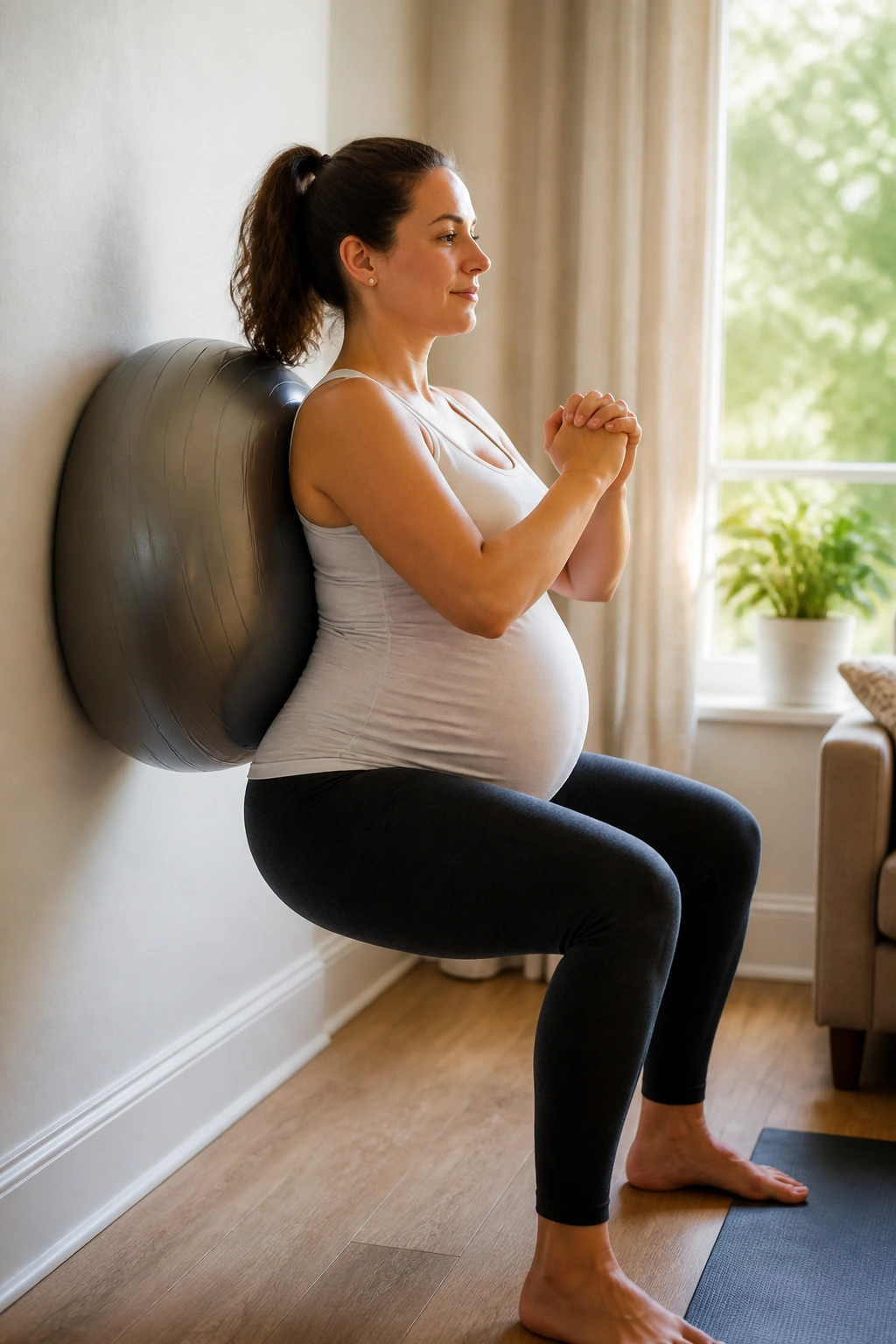 Pregnant woman performing stability ball wall squats in bright living room