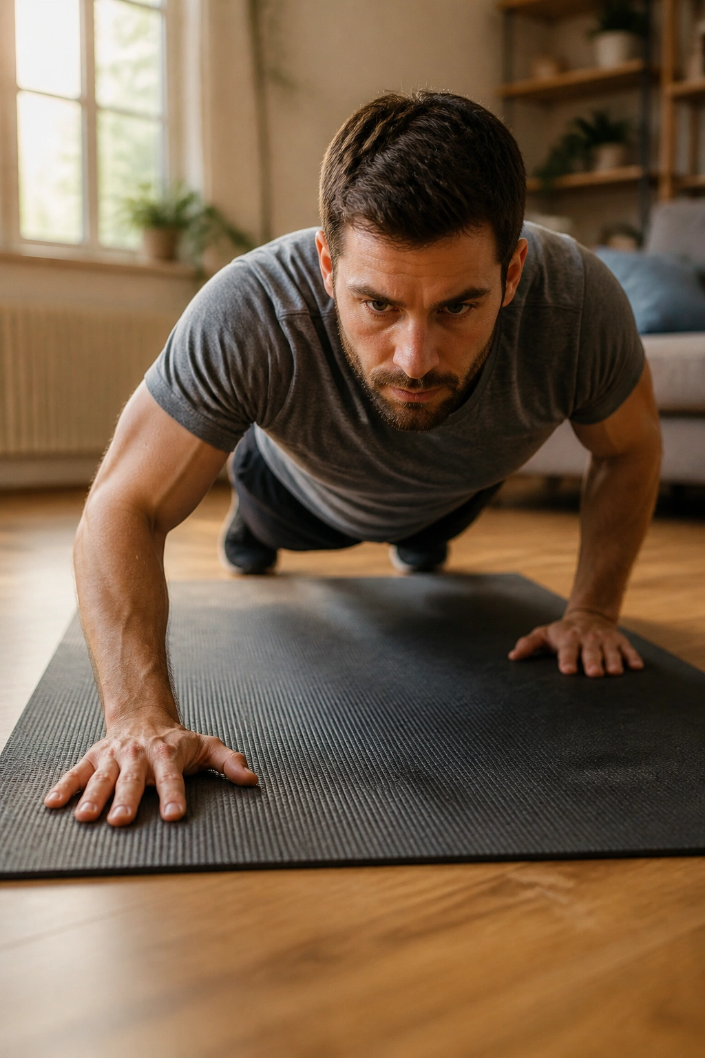 Real person performing staggered-hand push-ups with hands offset to shift load.