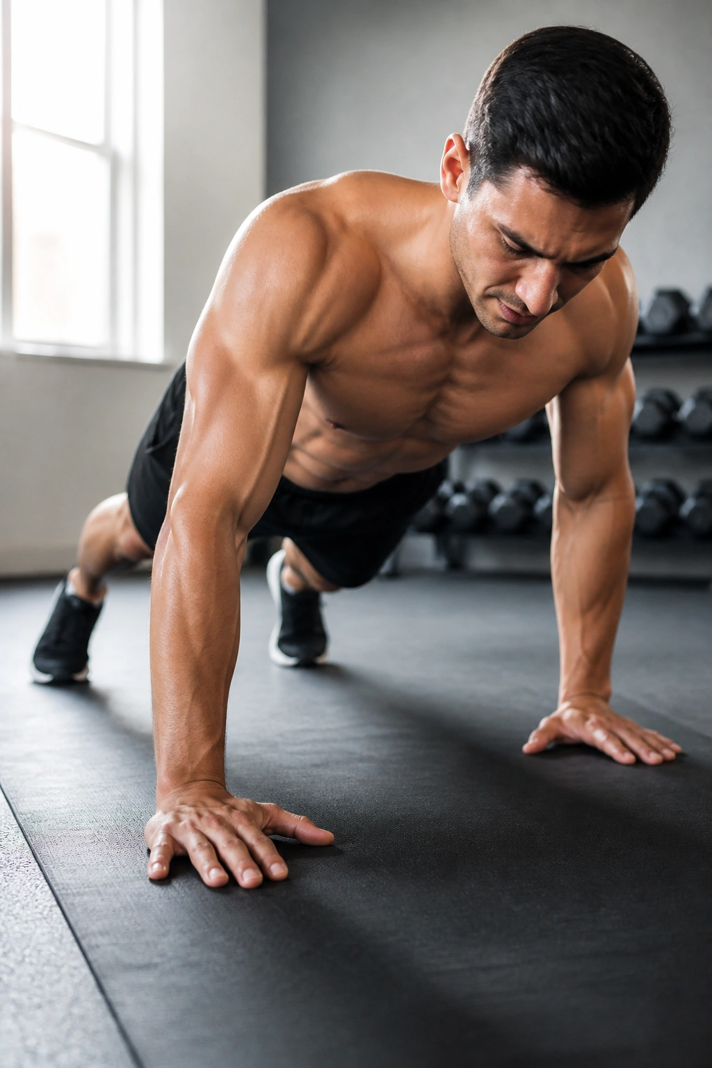 Close-up of staggered-stance push-up emphasizing anti-rotation core engagement