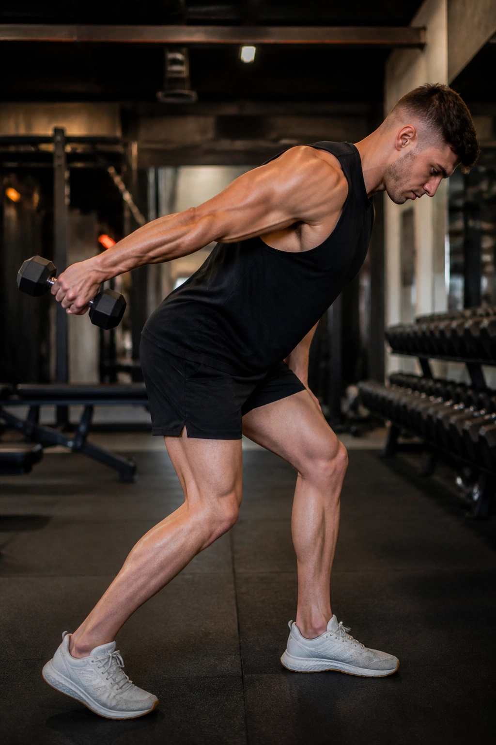 Staggered-stance kickback showing elbow extension in gym