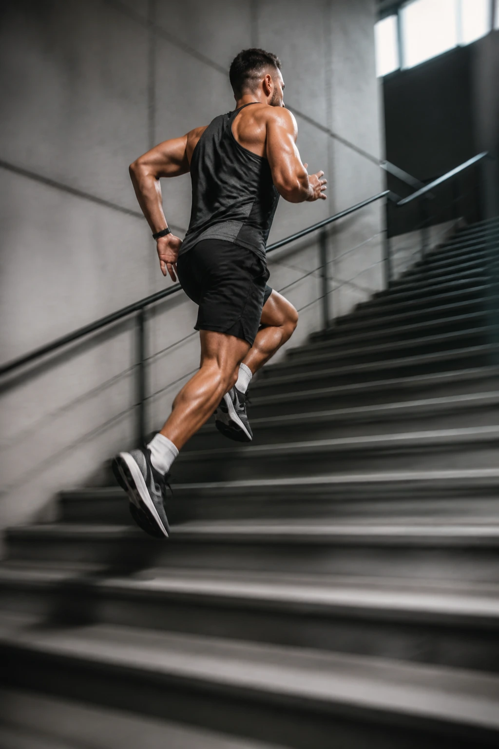 Athlete bounding up stairs with explosive power.