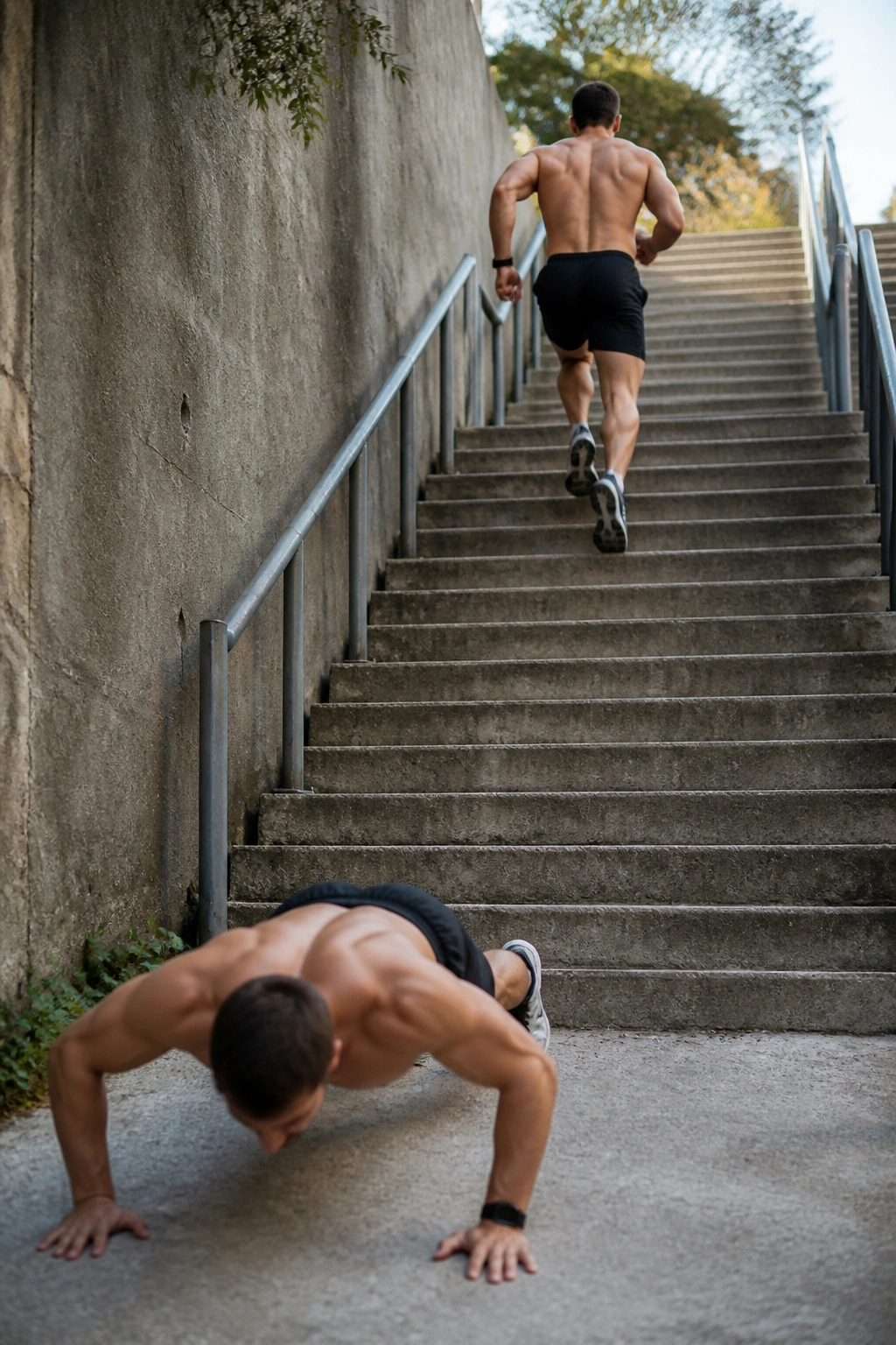 Athlete performing burpee and climb on stairs