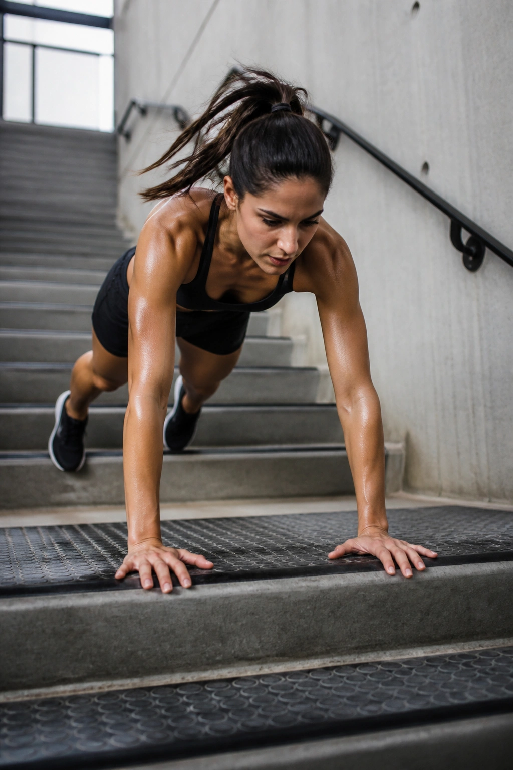 Close-up of a person performing stair burpees on a stairwell