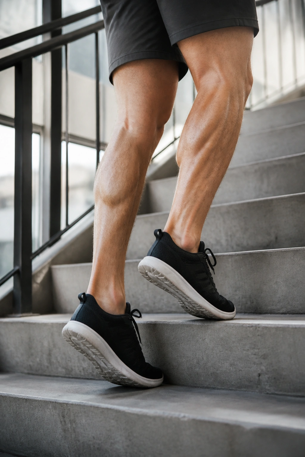 Portrait of a person performing stair calf marches on forefoot up stairs, calf muscles visible
