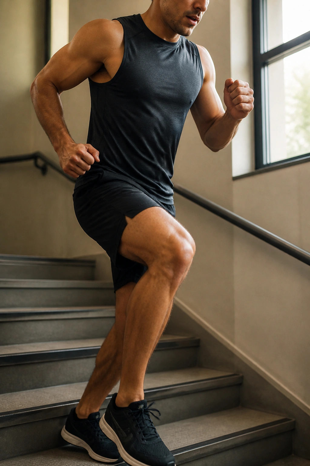 Person climbing stairs in a home gym for stair climb plan