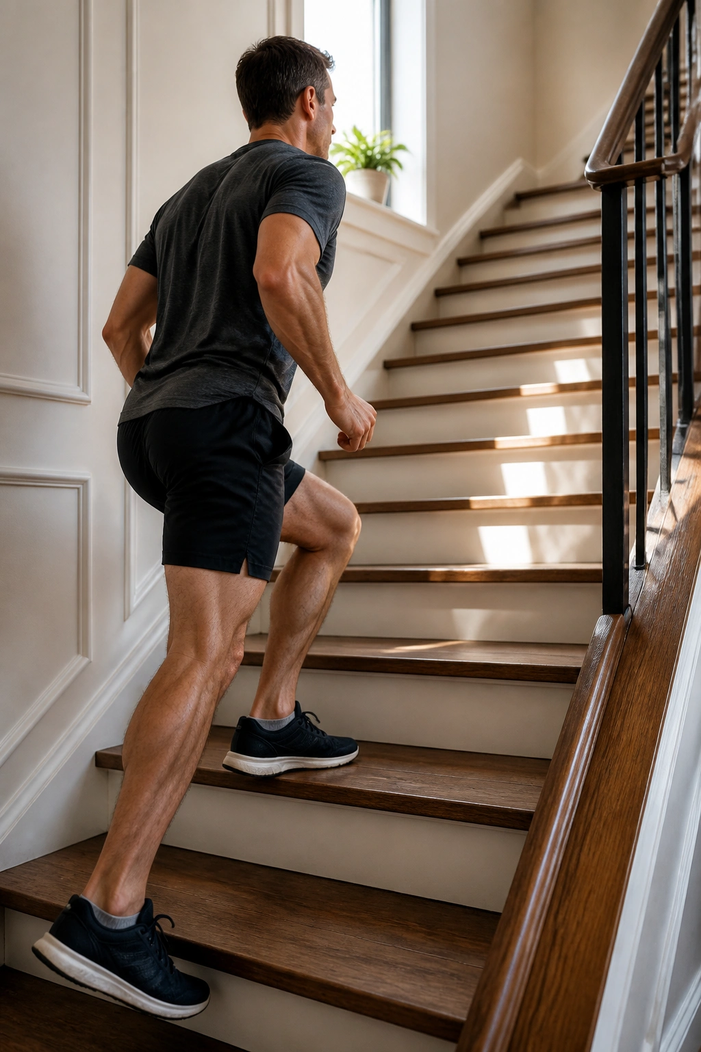 Person climbing a home staircase in a bright hallway