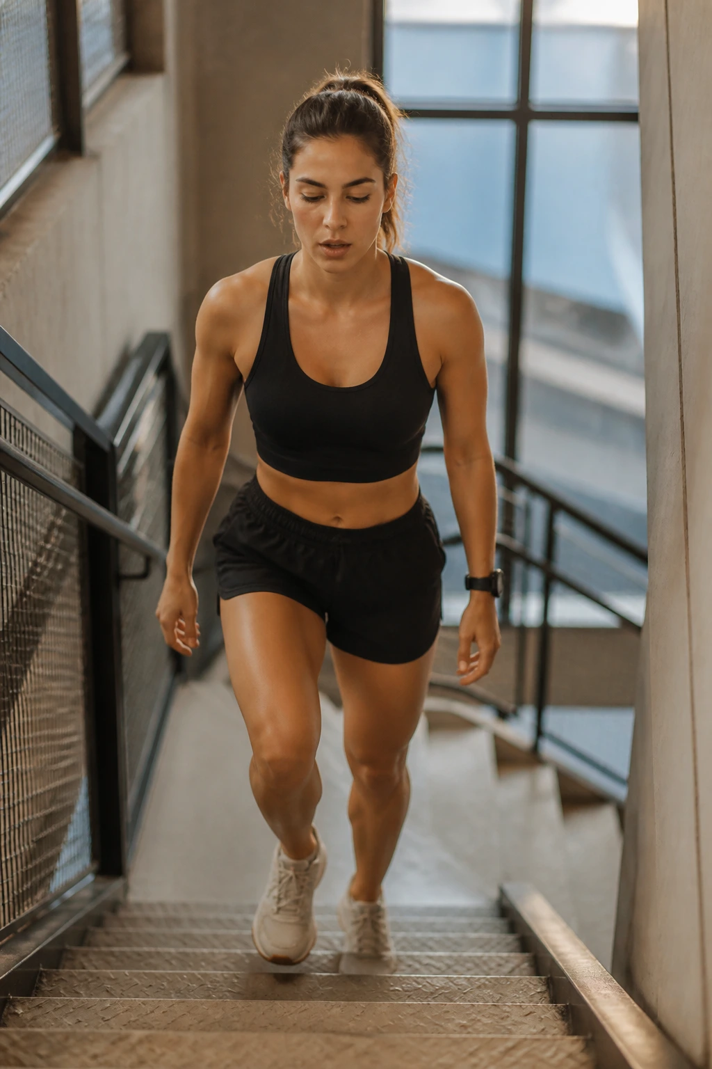 Person climbing stairs in a gym with steady pace during continuous cardio stair climb