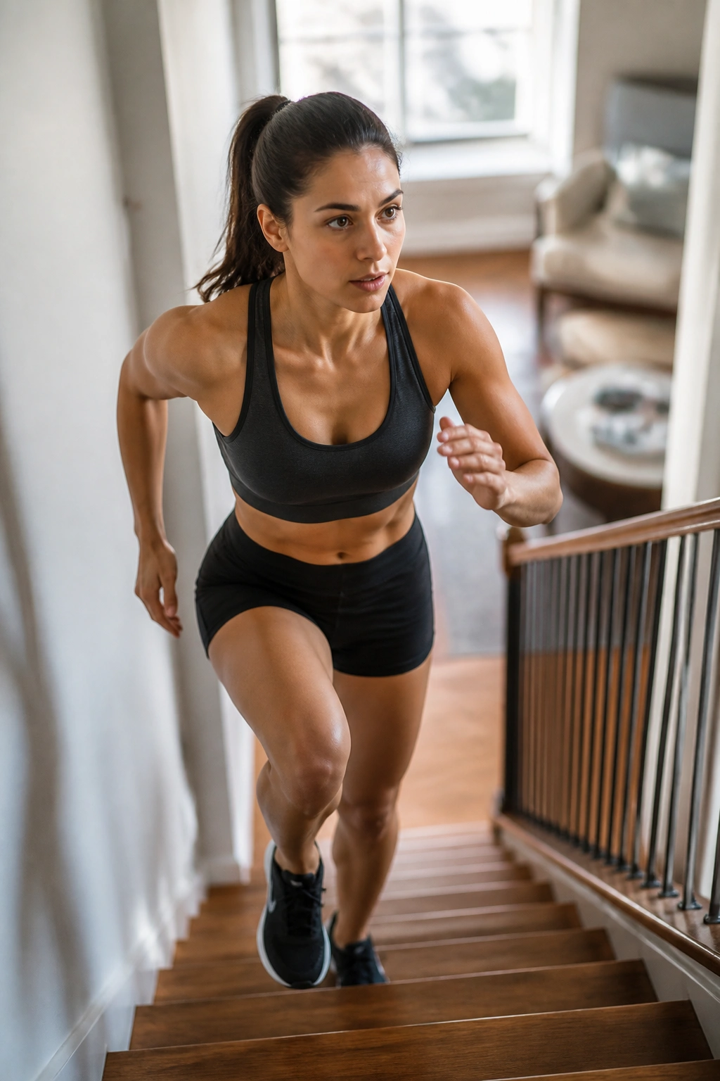 Person climbing stairs in a home environment during a cardio workout