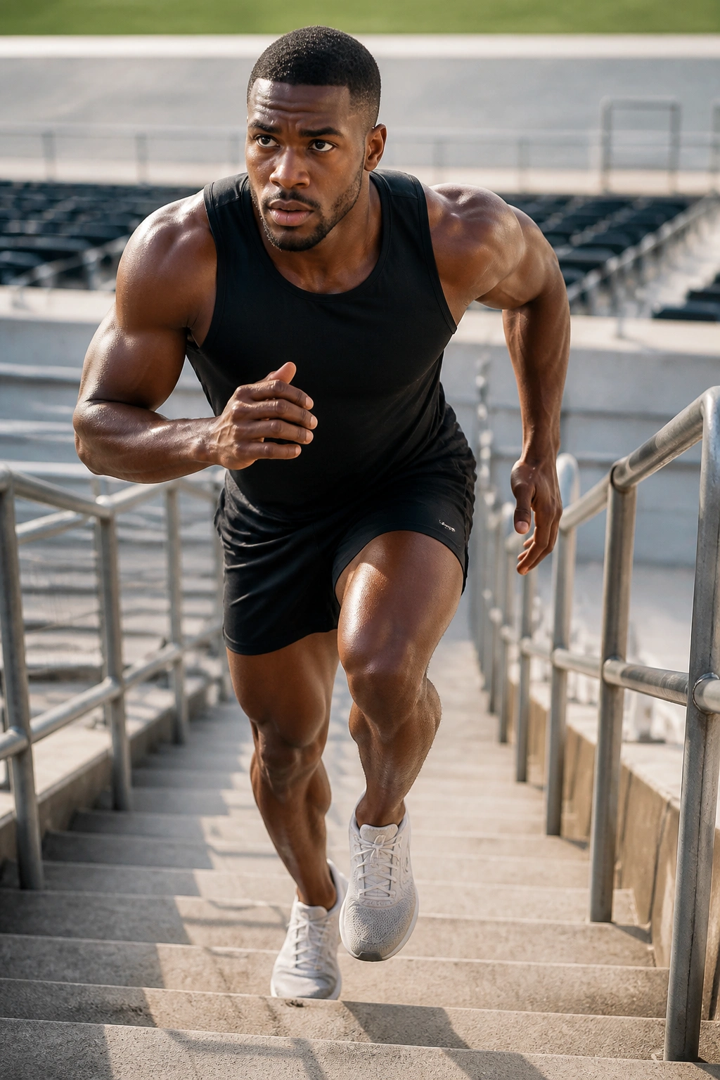 Athlete climbing stairs with determination in a stadium or gym setting.
