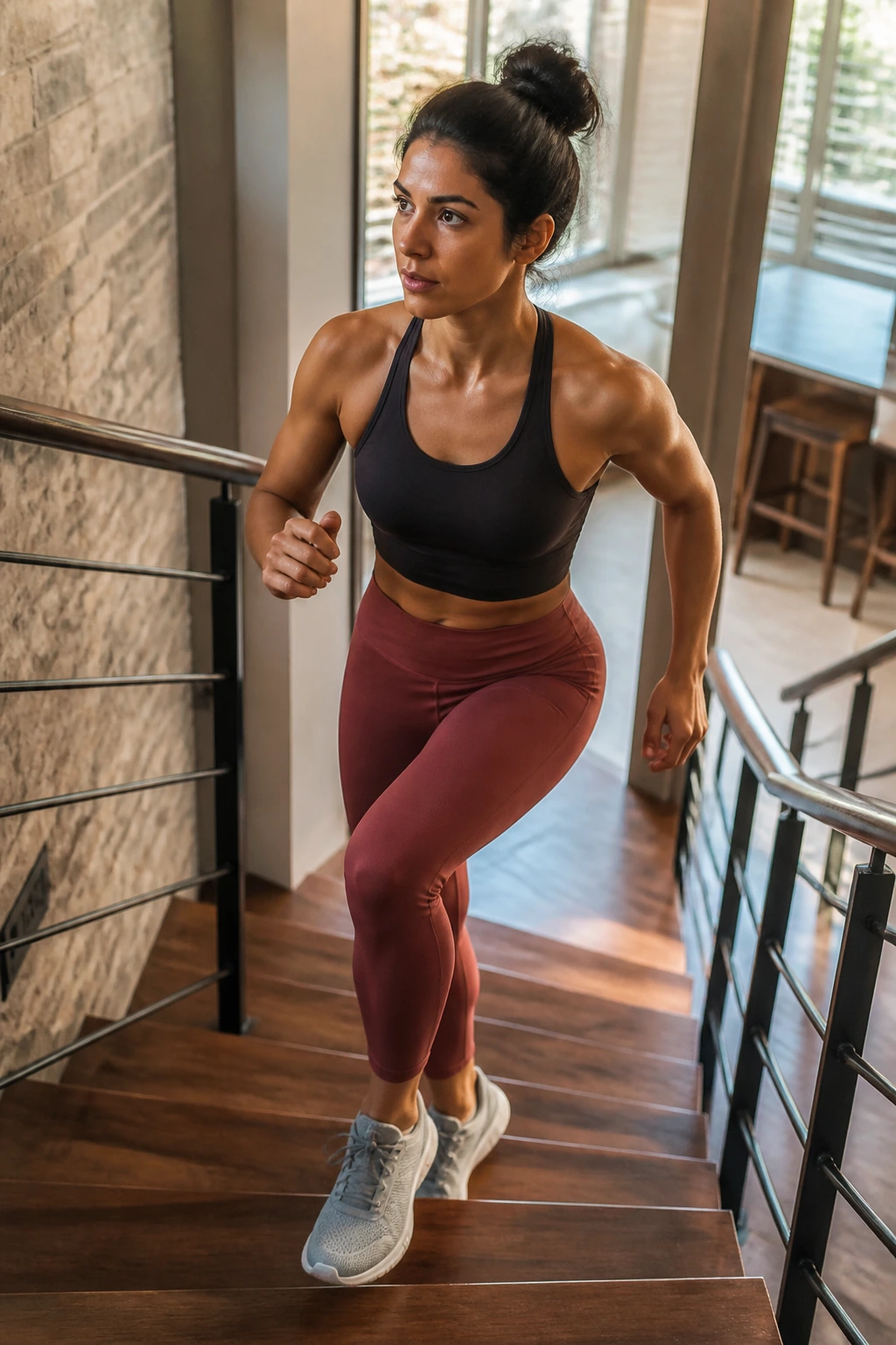 Person climbing stairs in a home with floor strength exercises