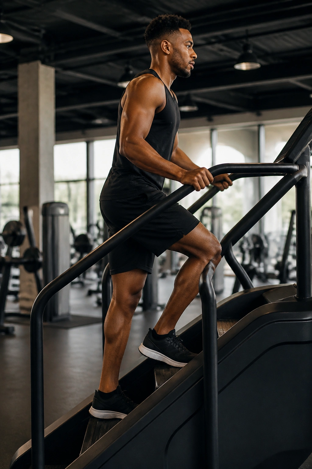 Athlete climbing stairs on a stair-climber machine in a gym