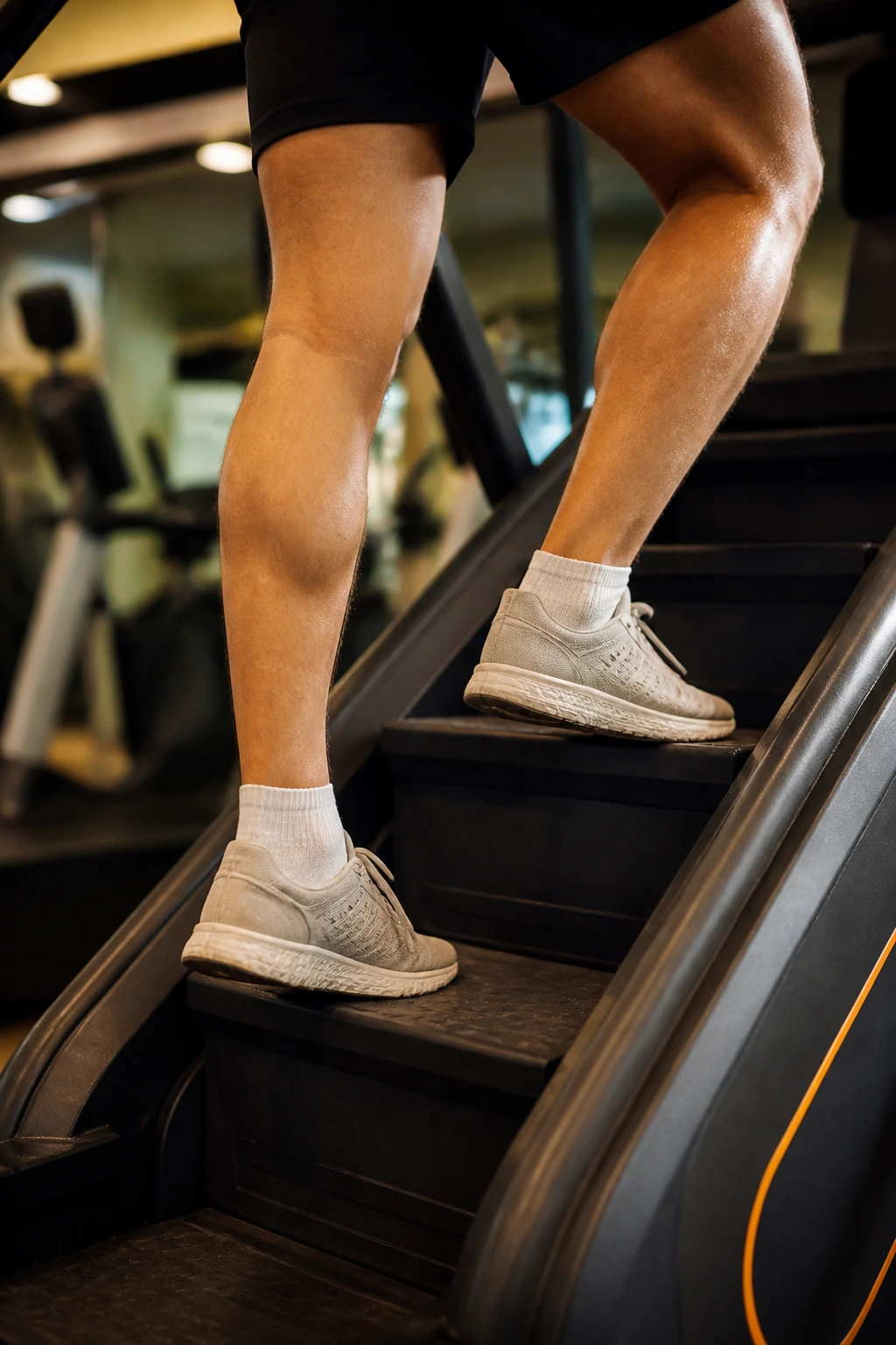 Legs pedaling on a stair climber in a gym during stair climber sessions