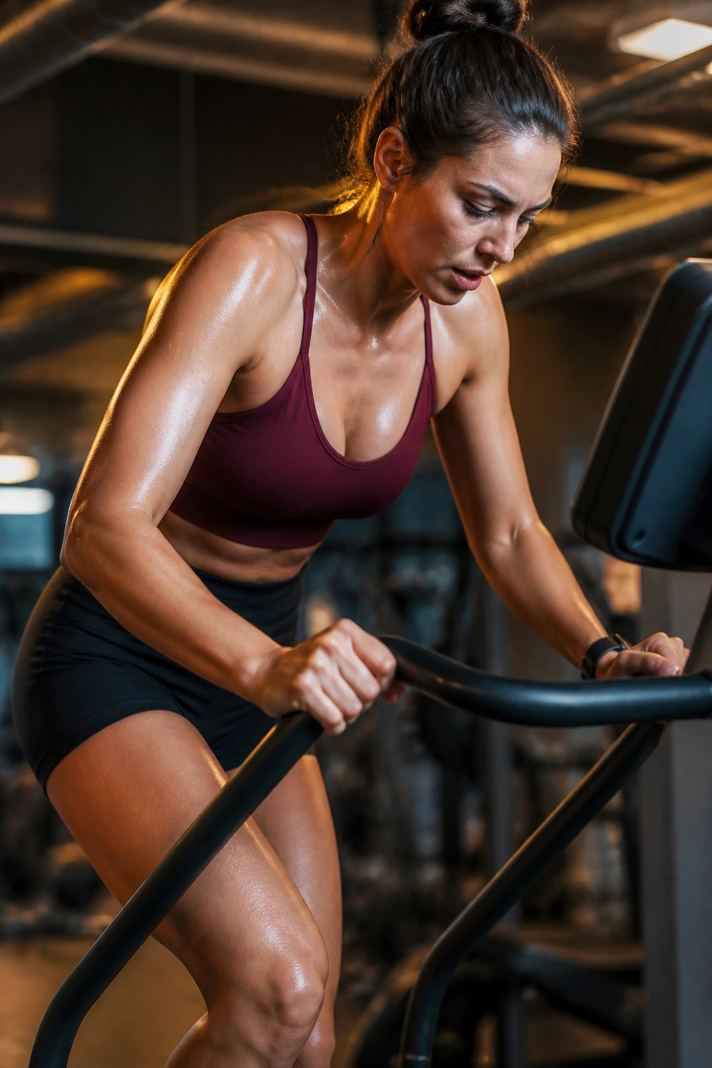 Person climbing stairs on a stair machine with intense focus