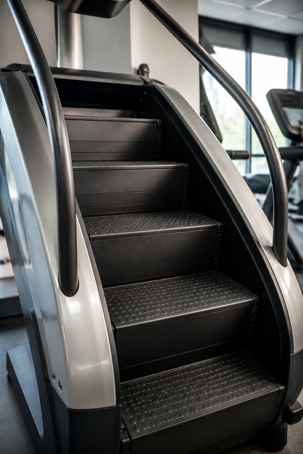 Close-up of a knee-friendly stair climber machine in a modern gym.
