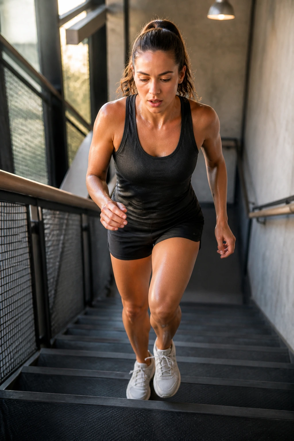 Medium-close portrait of a person stair-climbing in a gym for a long aerobic stair session