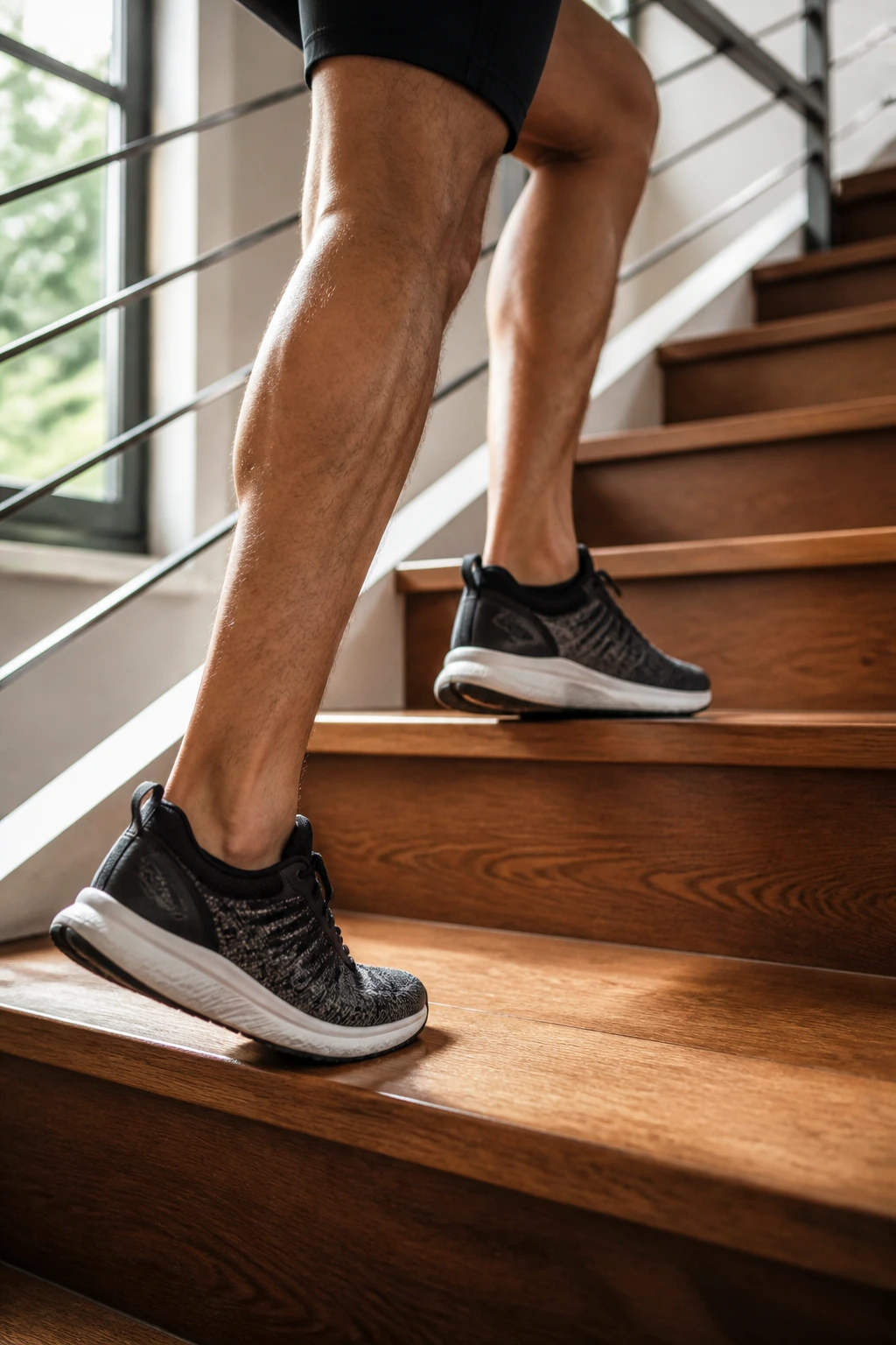 Close-up of a person’s lower legs and feet mid-step on a wooden staircase, demonstrating stair-climb effort