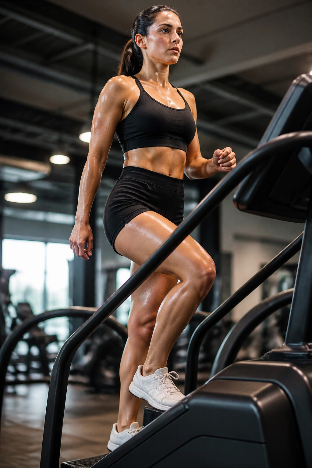 Athlete on stair climber in gym, close-up showing upright posture and leg drive