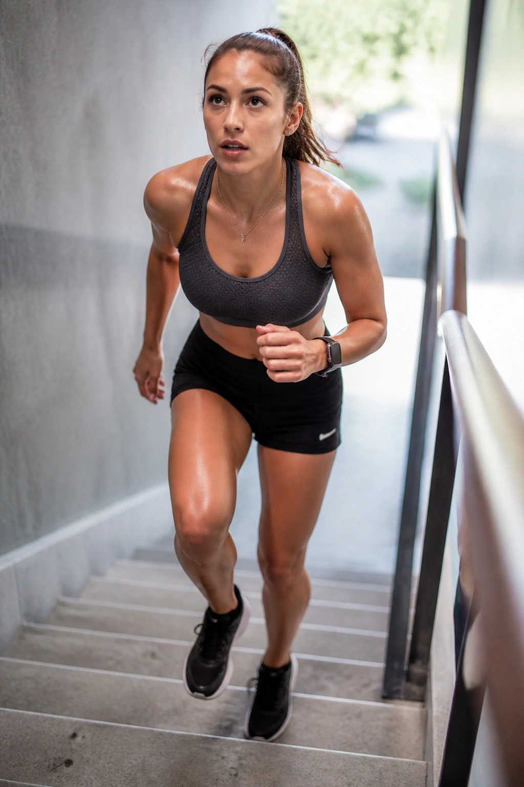 Person climbing stairs during interval workout in a gym