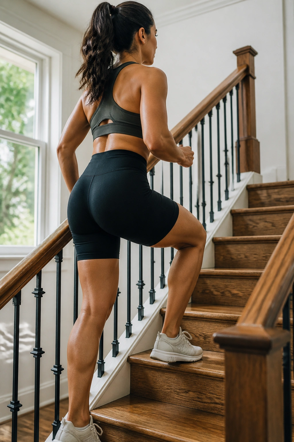 Person climbing stairs in a home, mid-step, engaging glutes and calves.
