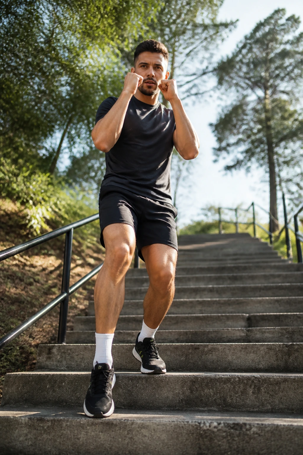 Boxer climbing outdoor stairs with guard up in a park setting