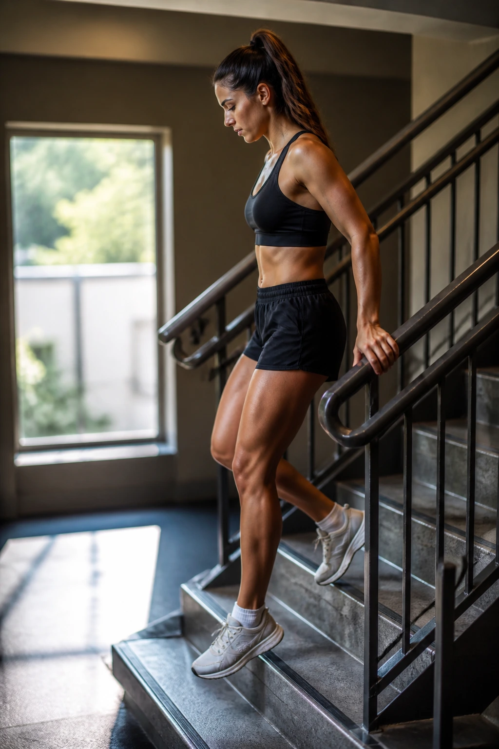 Person descending stairs slowly as part of interval workout.