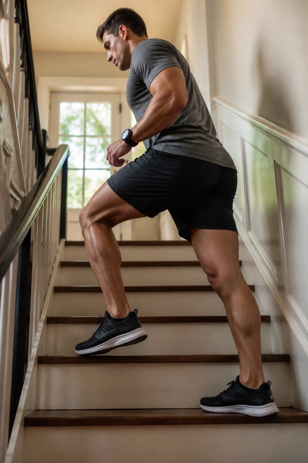 Medium close-up of a person stepping up on stairs during a home workout