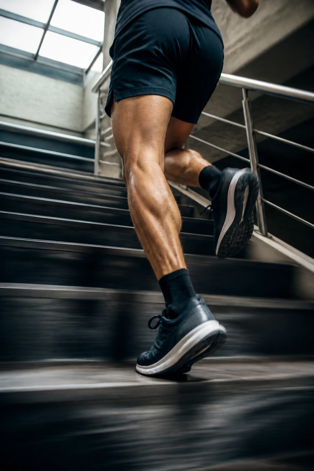 Close-up of athlete's legs during stair interval workout on indoor stairs