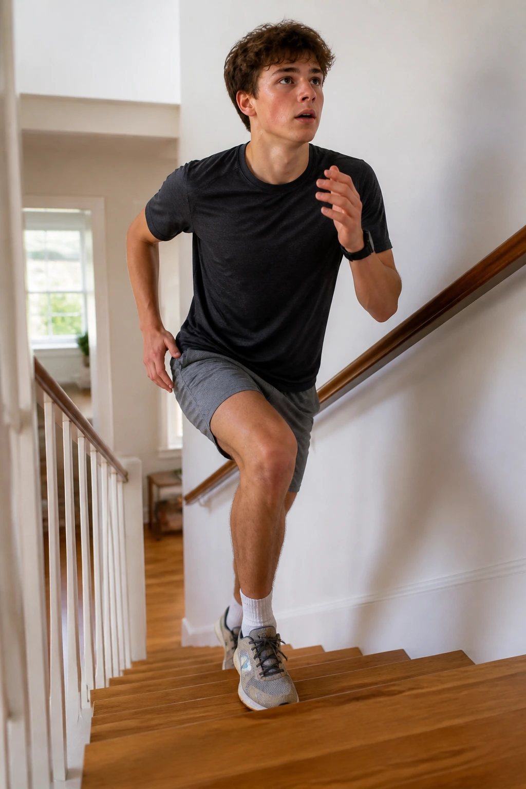 Teen performing stair step-ups on a home staircase