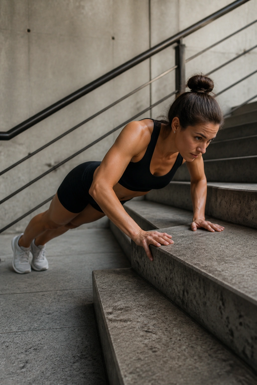 Person performing push-ups on a stair step on a stair landing