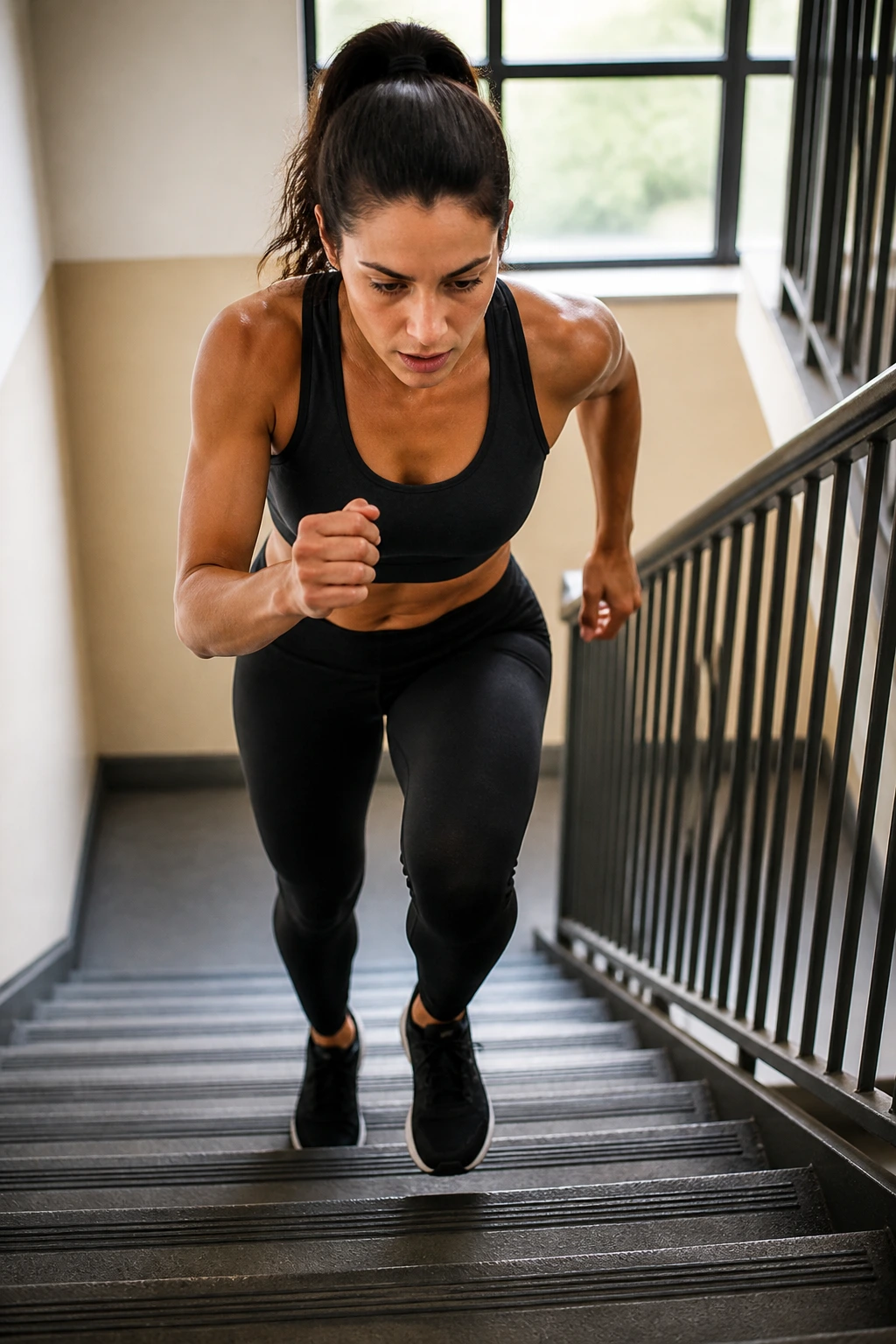 Person performing pyramid stair intervals on a stairwell